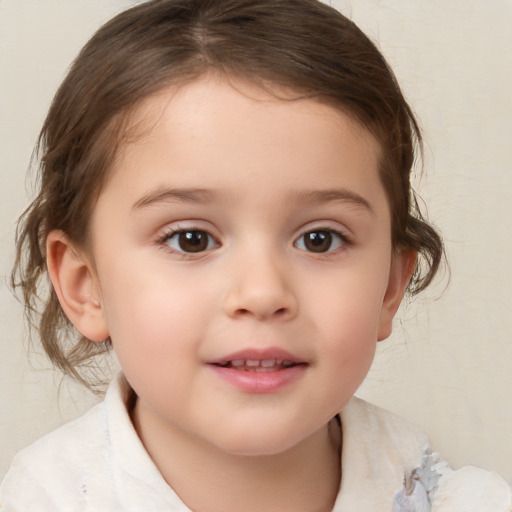 Joyful white child female with medium  brown hair and brown eyes