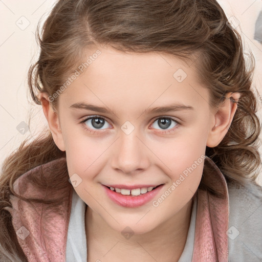 Joyful white child female with medium  brown hair and blue eyes