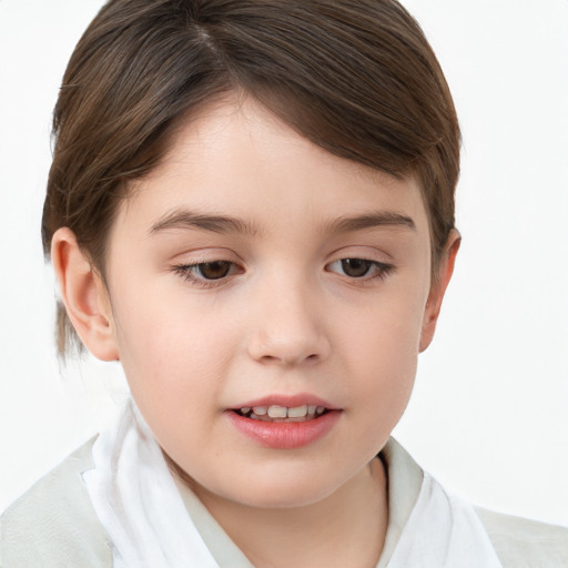 Joyful white child female with short  brown hair and brown eyes