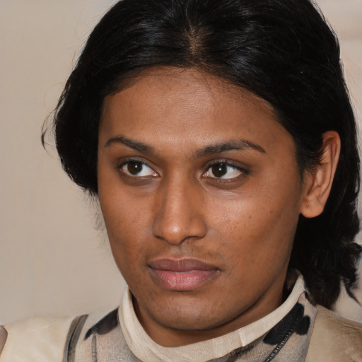 Neutral black young-adult female with medium  brown hair and brown eyes