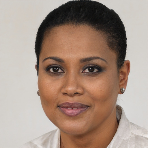 Joyful black young-adult female with short  black hair and brown eyes