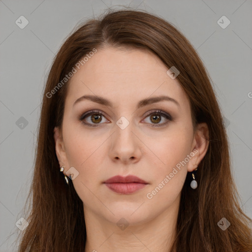 Neutral white young-adult female with long  brown hair and brown eyes