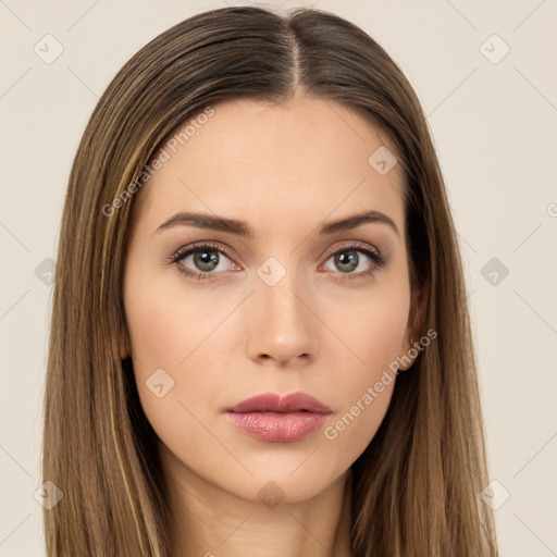 Neutral white young-adult female with long  brown hair and brown eyes