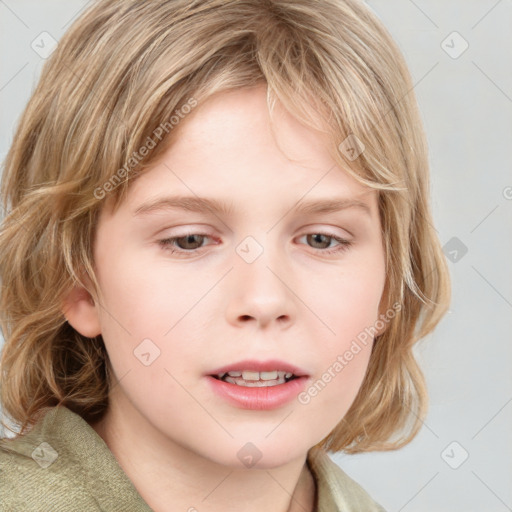 Neutral white child female with medium  brown hair and blue eyes