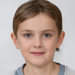 Joyful white child female with short  brown hair and brown eyes