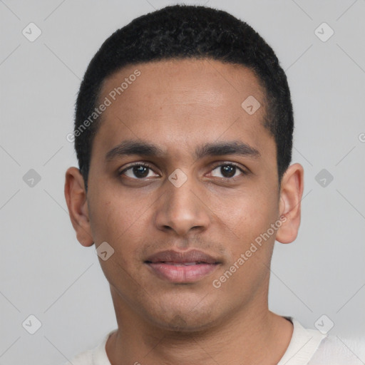 Neutral latino young-adult male with short  black hair and brown eyes