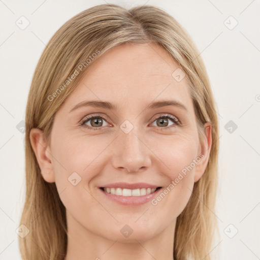 Joyful white young-adult female with medium  brown hair and green eyes