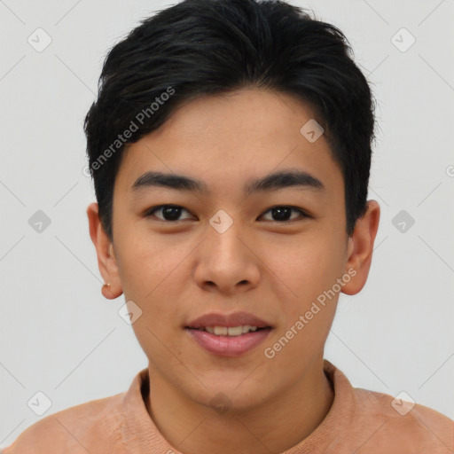 Joyful asian young-adult male with short  brown hair and brown eyes