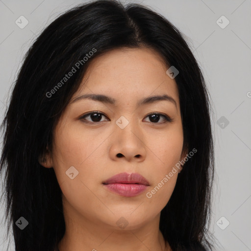 Neutral asian young-adult female with long  brown hair and brown eyes