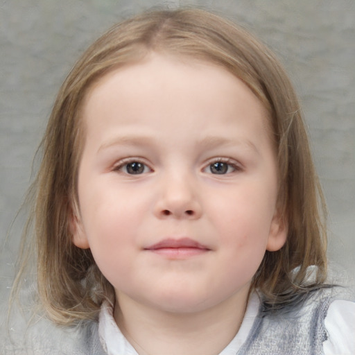 Neutral white child female with medium  brown hair and blue eyes