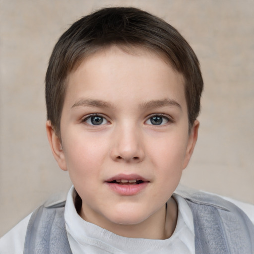 Joyful white child female with short  brown hair and brown eyes