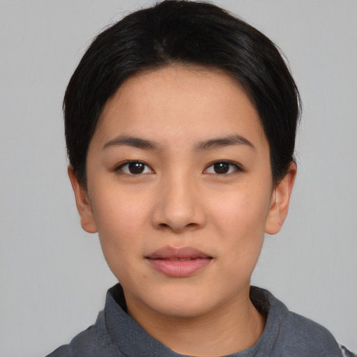 Neutral asian young-adult female with short  black hair and brown eyes