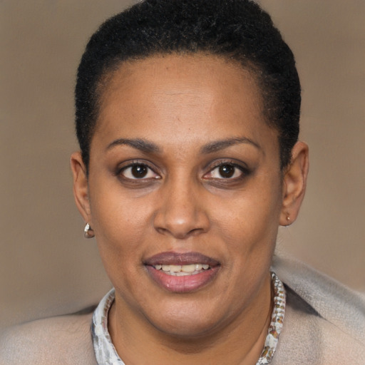 Joyful black adult female with short  black hair and brown eyes