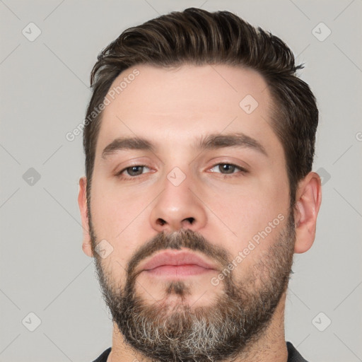 Neutral white young-adult male with short  brown hair and brown eyes