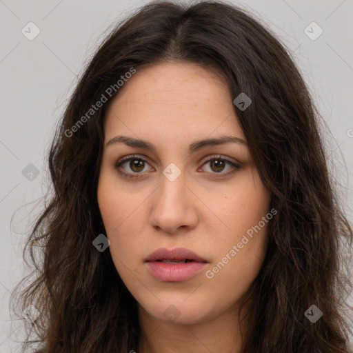 Neutral white young-adult female with long  brown hair and brown eyes