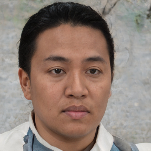 Neutral asian young-adult male with short  brown hair and brown eyes