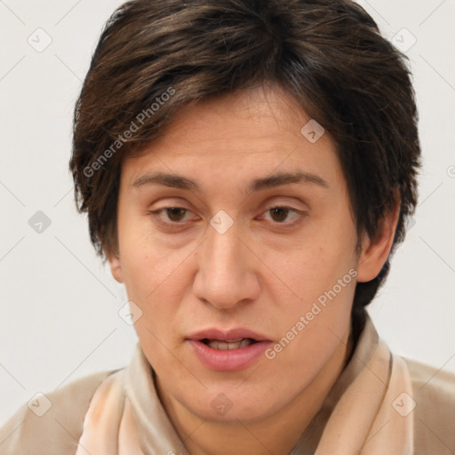 Joyful white adult female with short  brown hair and brown eyes