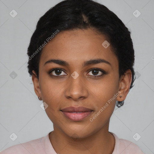 Joyful latino young-adult female with short  black hair and brown eyes