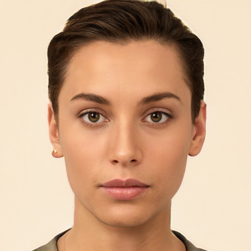 Neutral white young-adult female with short  brown hair and brown eyes