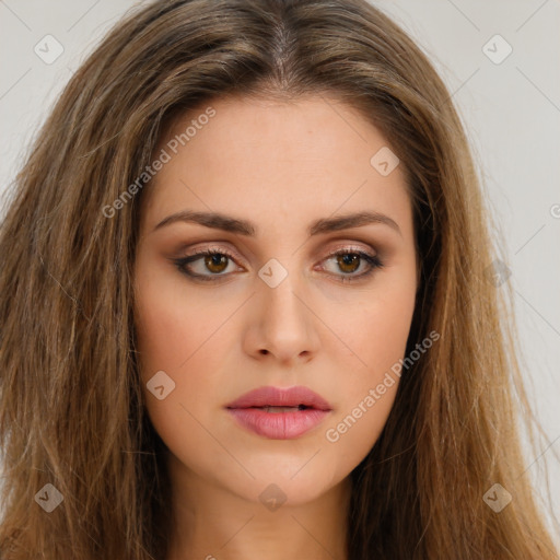 Neutral white young-adult female with long  brown hair and brown eyes