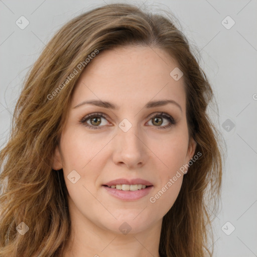 Joyful white young-adult female with long  brown hair and green eyes