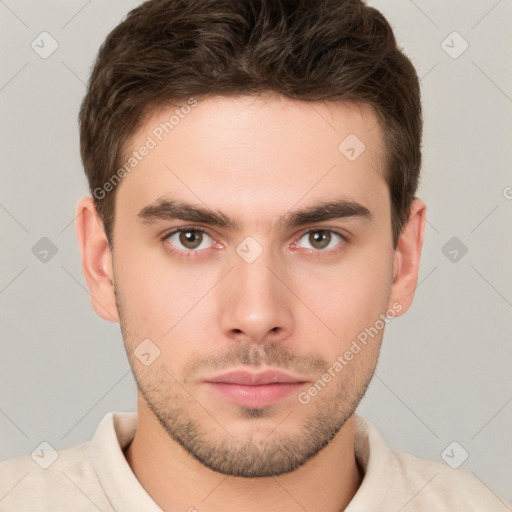 Neutral white young-adult male with short  brown hair and brown eyes