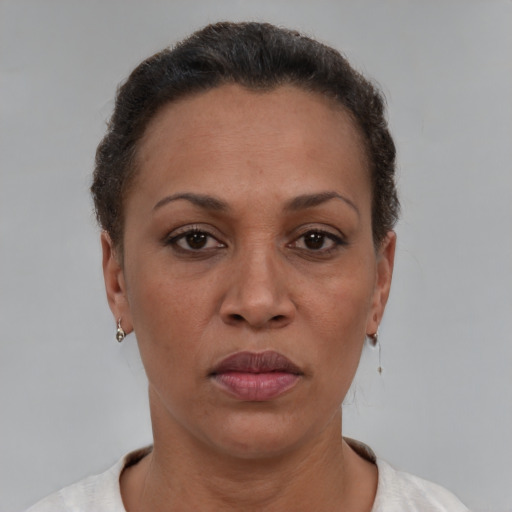 Joyful latino adult female with short  brown hair and brown eyes