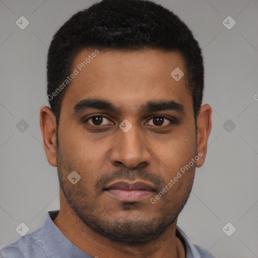 Neutral latino young-adult male with short  black hair and brown eyes