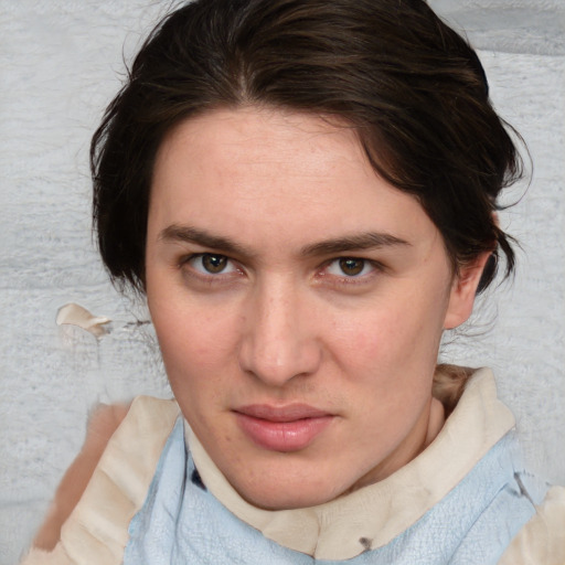 Joyful white young-adult female with medium  brown hair and blue eyes