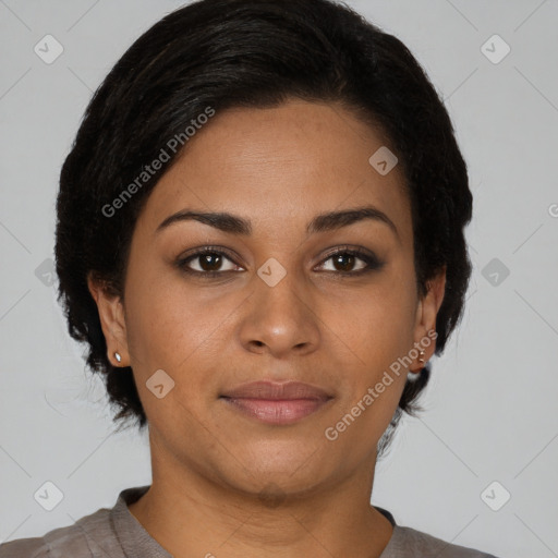 Joyful latino young-adult female with short  brown hair and brown eyes