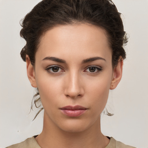 Neutral white young-adult female with short  brown hair and brown eyes