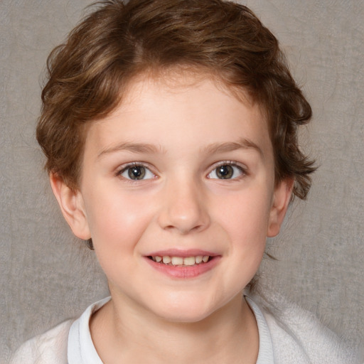 Joyful white child female with short  brown hair and brown eyes