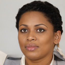 Neutral black young-adult female with short  black hair and brown eyes