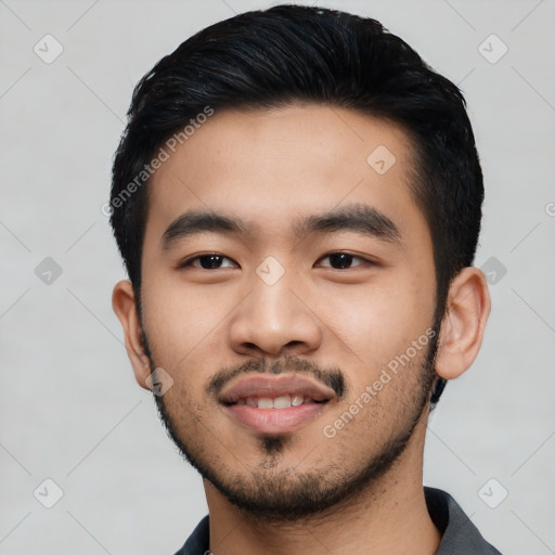 Neutral asian young-adult male with short  black hair and brown eyes