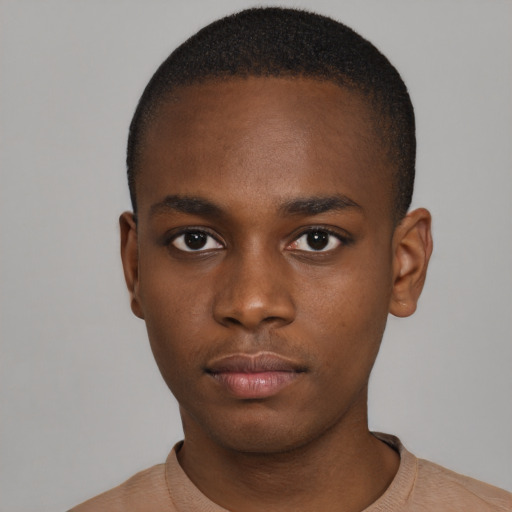 Neutral black young-adult male with short  black hair and brown eyes