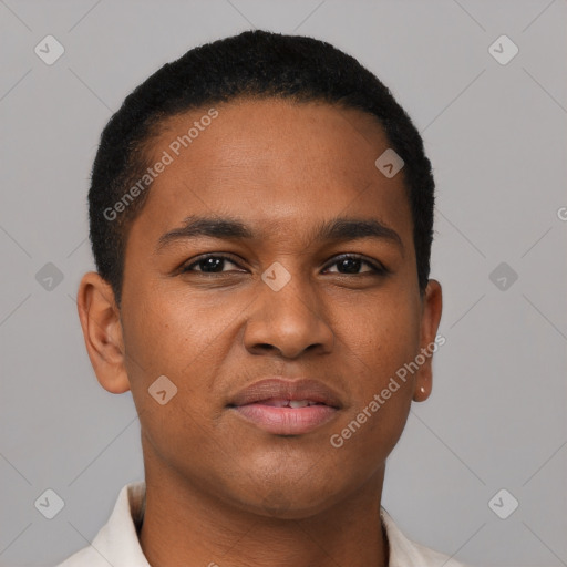 Joyful black young-adult male with short  black hair and brown eyes