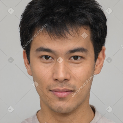 Neutral asian young-adult male with short  brown hair and brown eyes