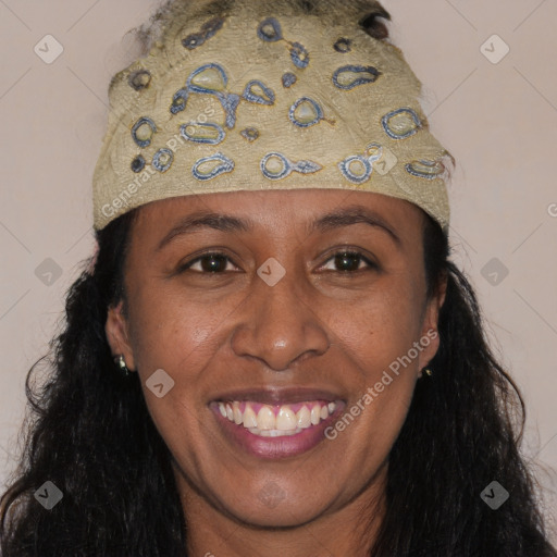 Joyful white adult female with long  brown hair and brown eyes
