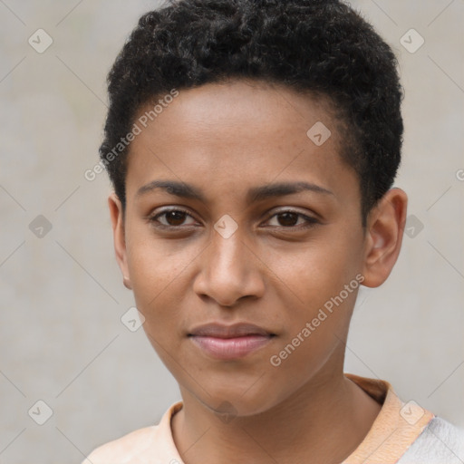 Joyful black young-adult female with short  brown hair and brown eyes