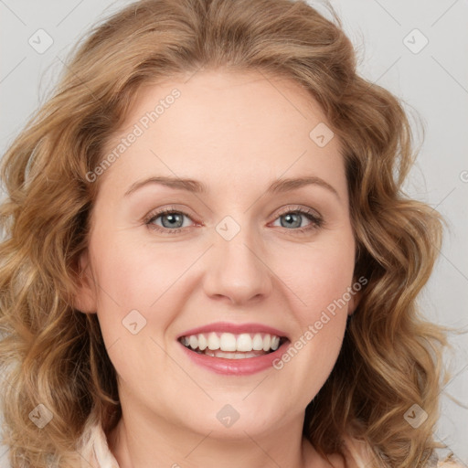 Joyful white young-adult female with medium  brown hair and green eyes