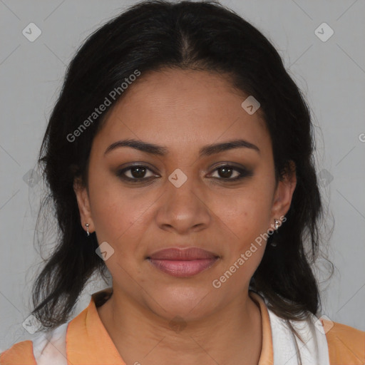 Joyful latino young-adult female with medium  brown hair and brown eyes