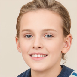 Joyful white child female with medium  brown hair and blue eyes