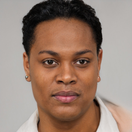 Joyful black young-adult female with short  black hair and brown eyes