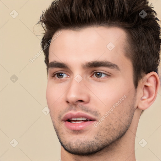 Neutral white young-adult male with short  brown hair and brown eyes