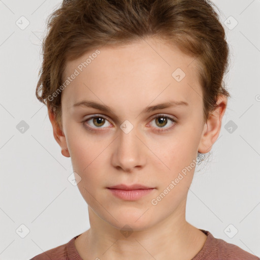 Neutral white young-adult female with short  brown hair and brown eyes