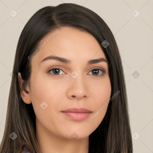 Neutral white young-adult female with long  brown hair and brown eyes