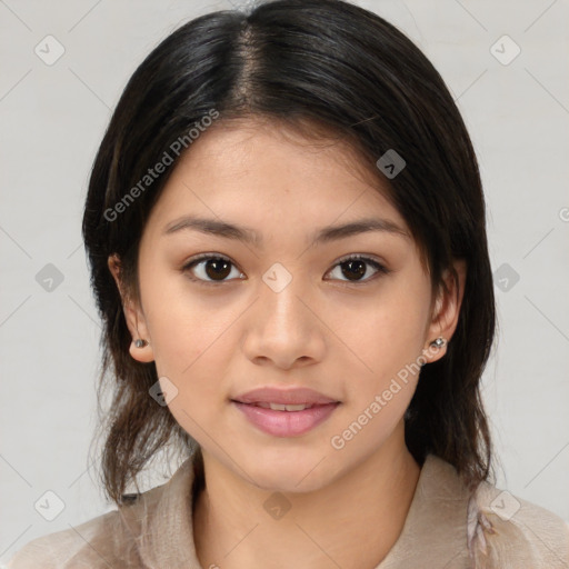 Joyful latino young-adult female with medium  brown hair and brown eyes