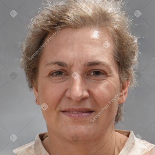 Joyful white adult female with short  brown hair and brown eyes