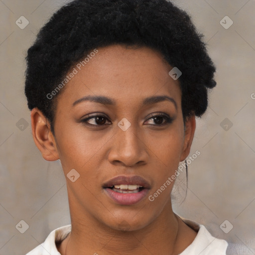 Joyful latino young-adult female with short  black hair and brown eyes