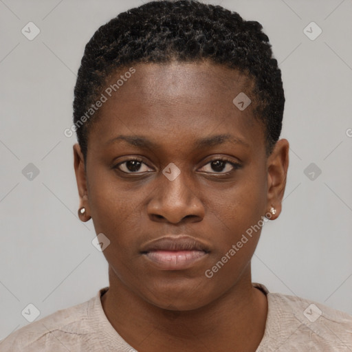 Neutral black young-adult female with short  brown hair and brown eyes